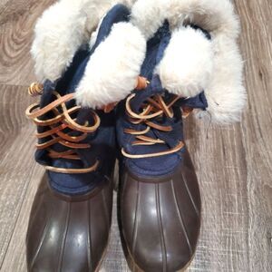 Girls Sperry Snow Boots Size 3 Kids' Brown and Navy Snow Boots with Faux Fur